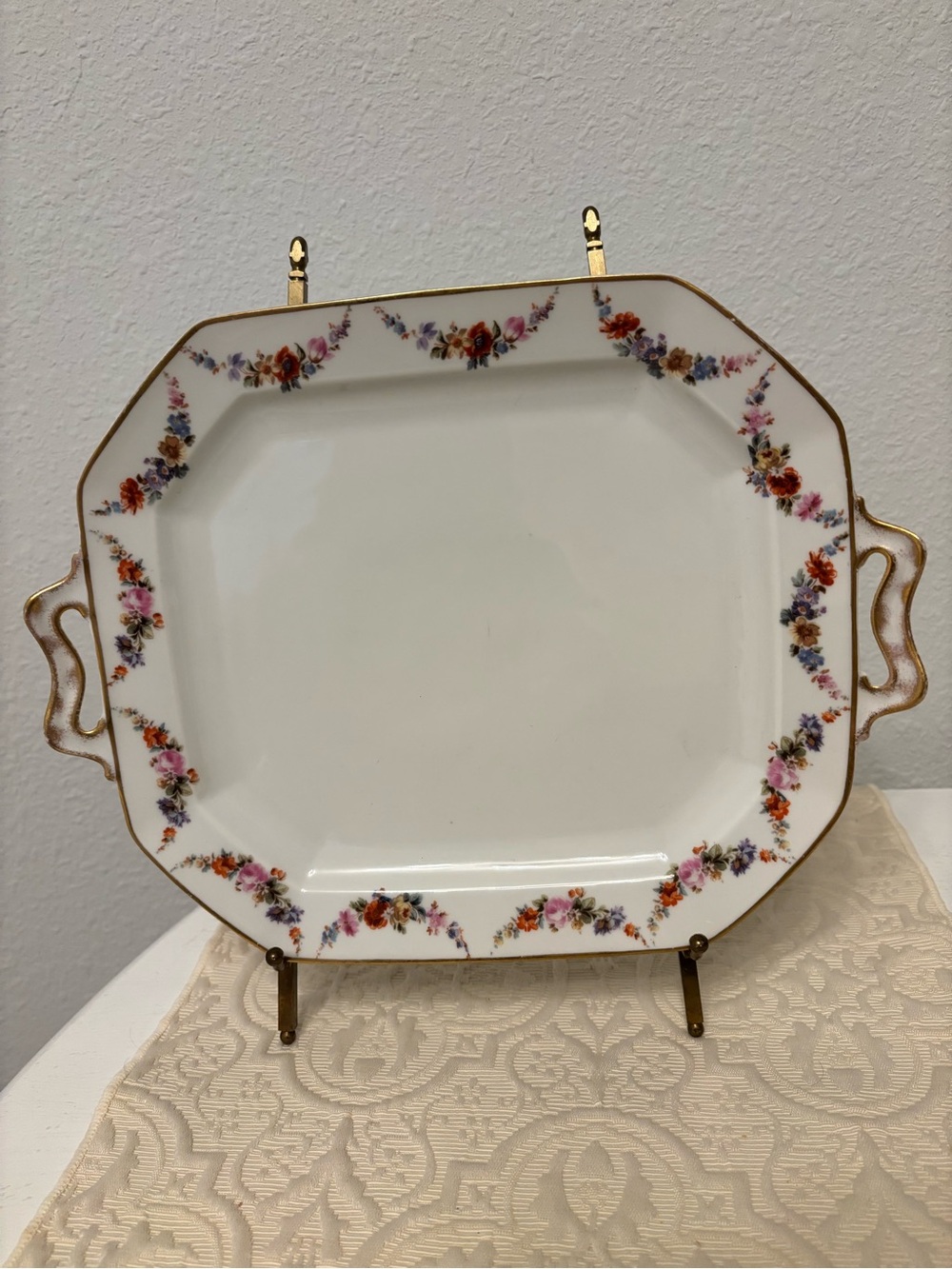 Vintage John Haviland Rectangular Guilded Handle Floral Porcelain Serving Tray